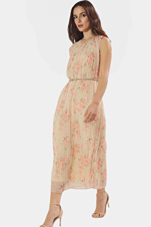 Polyester Şifon Midi Elbise Düz Kesim Piliseli Kemer Detayı Dayanıklı Malzeme Rahat Ve Şık