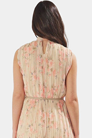 Polyester Şifon Midi Elbise Düz Kesim Piliseli Kemer Detayı Dayanıklı Malzeme Rahat Ve Şık