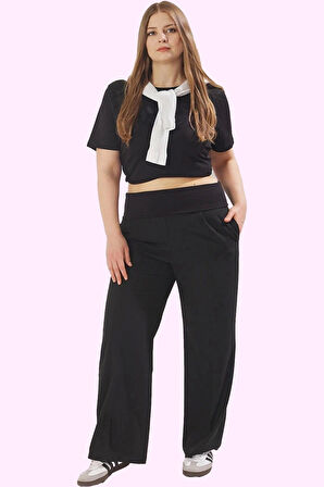 Kadın Büyük Beden Geniş Paça Pantolon Yüksek Bel Günlük Kullanım İçin İdeal Seçim Hafta Sonu