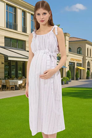 Yazlık Hamile Elbisesi Pamuklu Terrycotton Kare Yaka Bel Bağlamalı Konforlu Kesim Modern Stil