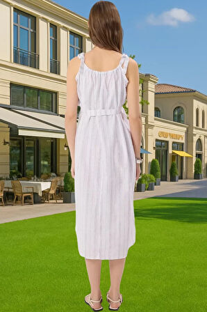 Yazlık Hamile Elbisesi Pamuklu Terrycotton Kare Yaka Bel Bağlamalı Konforlu Kesim Modern Stil