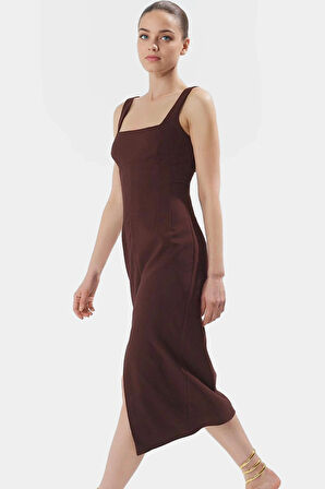 88% Polyester Yazlık Midi Elbise Kolsuz Vücudu Saran Dokuma Kumaş Smart Stil Profesyonel Görünüm