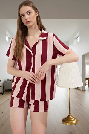 Yazlık Çizgili Pijama Takımı Nefes Alan Viskoz Kumaş Regular Kalıp Şık Görünüm
