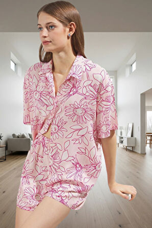 Şortlu Pijama Takımı Çiçek Desenli Viskoz Kumaş Dokuma Yazlık Rahat Kullanım Modern Stil