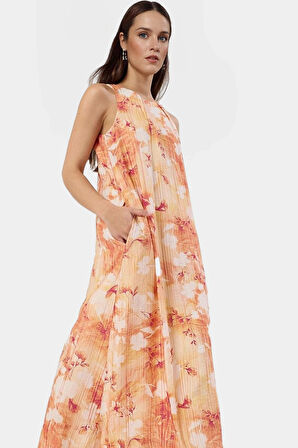 Polyester Maxi Elbise Düz Kesim Tropikal Desen Bisiklet Yaka Yaz Koleksiyonu Mükemmel Uyum