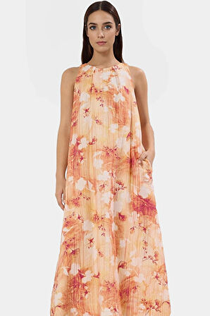 Polyester Maxi Elbise Düz Kesim Tropikal Desen Bisiklet Yaka Yaz Koleksiyonu Mükemmel Uyum