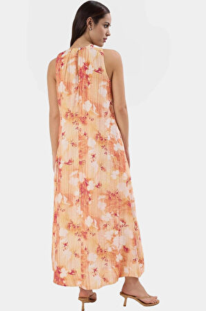 Polyester Maxi Elbise Düz Kesim Tropikal Desen Bisiklet Yaka Yaz Koleksiyonu Mükemmel Uyum