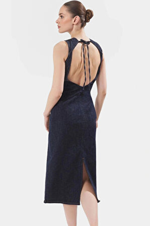 Şık Sırt Dekolteli Denim Midi Elbise Bisiklet Yaka 125cm Boy Nefes Alan Kumaş Rahat Kullanım