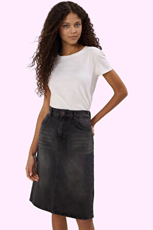 Kadın Pamuk Denim Midi Etek A line Kalıp Yırtmaçlı Sürdürülebilir Yaz Aylarının Vazgeçilmezi