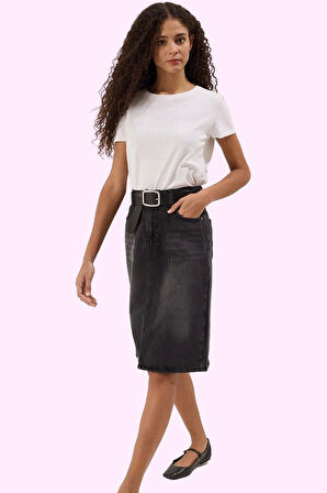 Kadın Pamuk Denim Midi Etek A line Kalıp Yırtmaçlı Sürdürülebilir Yaz Aylarının Vazgeçilmezi