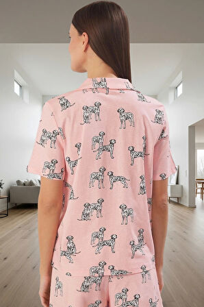 Yazlık Örme Pijama Takımı Köpek Desenli Pamuklu Regular Fit Trend Tasarım Günlük Kullanım İçin