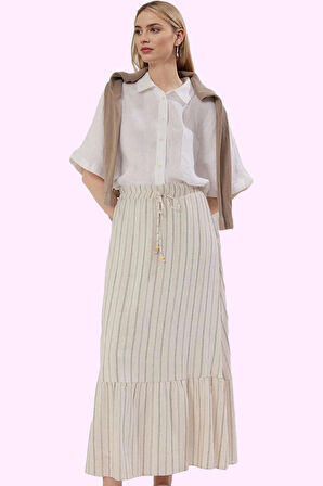 Kadın A line Çizgili Maxi Etek Keten Görünümlü Rahat Günlük Hafta Sonu Yaz Aylarının Vazgeçilmezi