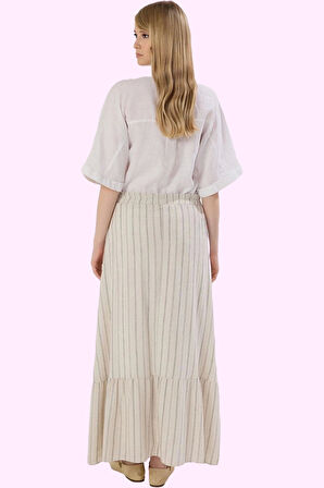 Kadın A line Çizgili Maxi Etek Keten Görünümlü Rahat Günlük Hafta Sonu Yaz Aylarının Vazgeçilmezi