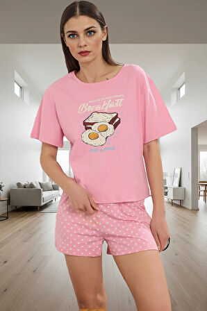 Yazlık Pamuklu Pijama Puantiyeli Şort ve Bisiklet Yaka Tişört Modern Stil Profesyonel Görünüm