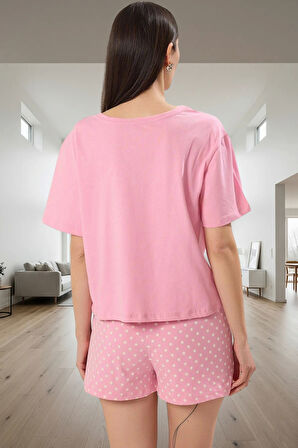 Yazlık Pamuklu Pijama Puantiyeli Şort ve Bisiklet Yaka Tişört Modern Stil Profesyonel Görünüm