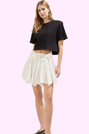Kadın Yazlık Crinkle Dokuma Mini Etek Korse Bağlama Detaylı Viskoz Trend Dayanıklı Malzeme
