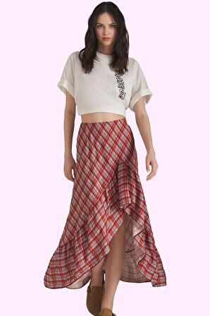 Kadın Viskoz Shally Dokuma Ekose Desen Midi Etek Asimetrik Kesim Yaz Günlük Kullanım Hafta Sonu