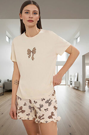 Ev Giyim %100 Pamuk Örme Pijama Takımı Kısa Kol Boru Paça Leopar Desen Zarifane Tasarım