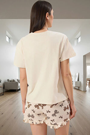 Ev Giyim %100 Pamuk Örme Pijama Takımı Kısa Kol Boru Paça Leopar Desen Zarifane Tasarım