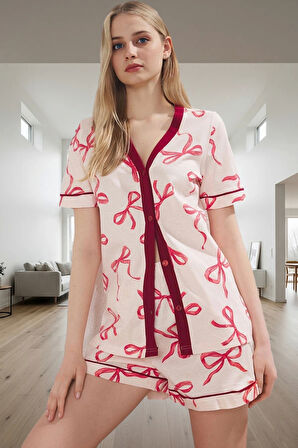 Nefes Alan Pamuklu Biyeli Pijama V Yaka Kurdele Desenli Yazlık Şortlu Takım Kaliteli İşçilik