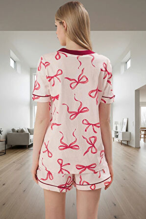 Nefes Alan Pamuklu Biyeli Pijama V Yaka Kurdele Desenli Yazlık Şortlu Takım Kaliteli İşçilik