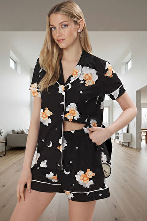 Yazlık Biyeli Şortlu Pamuklu Pijama Takımı Ayıcık Desenli Zarifane Tasarım Trend