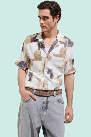 Erkek Şık ve Rahat Apaş Yaka Çizgili Kısa Kollu Gömlek Yazlık Bürümcük Dokuma Günlük Kullanım