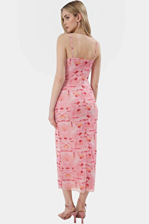 Aplike Detaylı Bodycon Maxi Elbise 94% Polyester 6% Elastan Örme Tül Modern Stil Yüksek Kalite