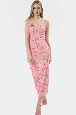 Aplike Detaylı Bodycon Maxi Elbise 94% Polyester 6% Elastan Örme Tül Modern Stil Yüksek Kalite