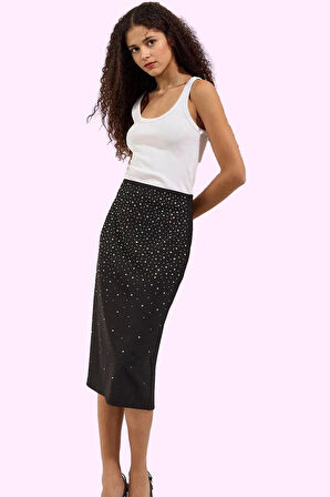 Kadın Şık Gece Etek Midi Boy Yüksek Bel Taş Baskı Detayları Günlük Kullanım Modern Tasarım