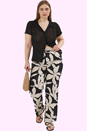 Kadın Büyük Beden Rahat Geniş Paça Pantolon Yazlık Çok Desenli Dokuma Kumaş Günlük Kullanım