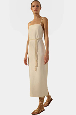 Keten Karışımlı A Kesim Midi Elbise Kolsuz Kuşaklı Yazlık Mükemmel Uyum Kaliteli İşçilik