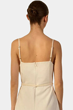 Keten Karışımlı A Kesim Midi Elbise Kolsuz Kuşaklı Yazlık Mükemmel Uyum Kaliteli İşçilik