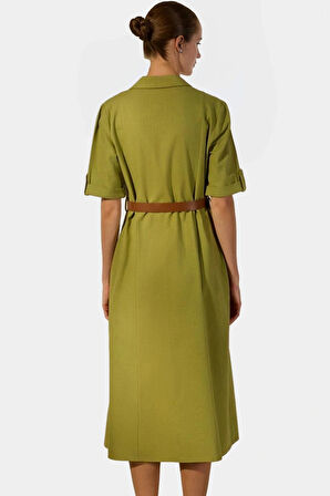 Rahat ve Şık Gömlek Elbise Pamuk Keten Karışımı Kemer Detaylı Midi Boy Kullanım
