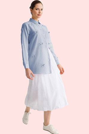 Kadın Ramadan Koleksiyonu Basic Fiyonk Detaylı Uzun Kollu Gömlek Yaz Aylarının Vazgeçilmezi