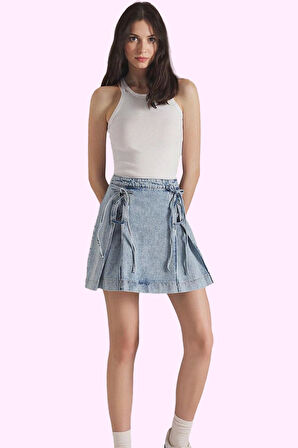 Kadın Pamuklu Denim A Line Mini Etek Bağcıklı Detay Günlük Kullanım Yaz Aylarının Vazgeçilmezi