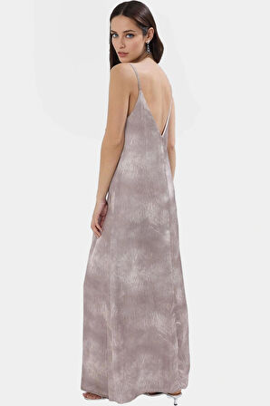 Polyester Saten Maxi Elbise Geniş Kesim V Yaka Soyut Desen Yazlık Modern Stil Seçkin Malzeme