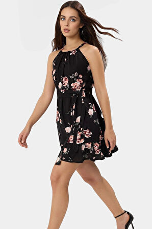 Shally Dokuma Viskoz Mini Elbise A line Kesim Halter Yaka Günlük Kullanım İçin