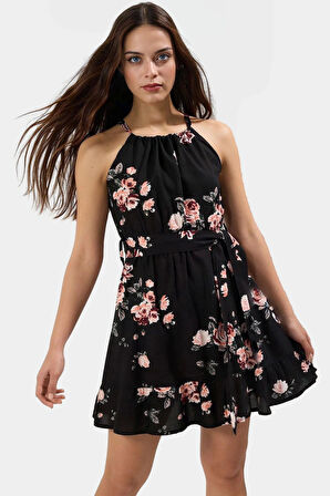 Shally Dokuma Viskoz Mini Elbise A line Kesim Halter Yaka Günlük Kullanım İçin