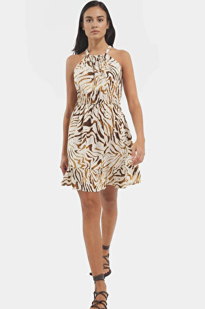 Shally Dokuma Viskoz Mini Elbise A line Kesim Halter Yaka Günlük Kullanım İçin