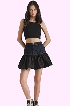 Kadın Yazlık Kısa Denim Etek; Renk Bloklu Desen; Pamuk; Günlük Kullanım Yaz Aylarının Vazgeçilmezi