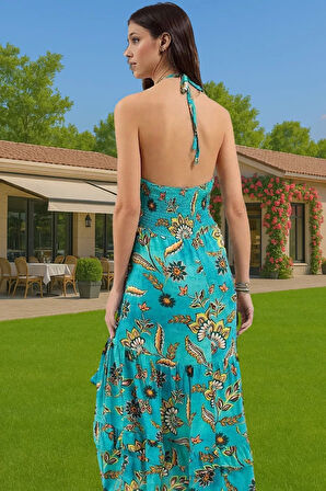 Çiçekli Desenli Skater Maxi Elbise Yazlık Plaj Uzun Ömürlü Rahat Kullanım Profesyonel Görünüm