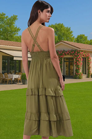 Kadın Haki Viskoz Maxi Elbise Yazlık Plaj Elbise Skater Özel Tasarım Trend Tasarım