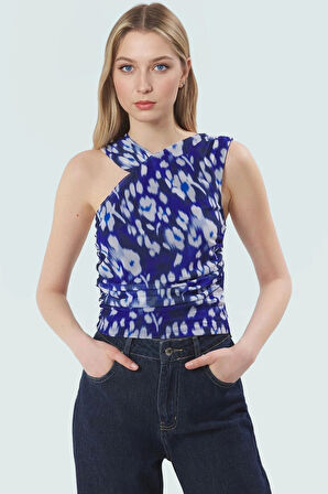 Asimetrik Yaka Leopar Desenli Örme Bluz Fitted Kalıp Yaz için Günlük Kullanım İçin Modern Stil