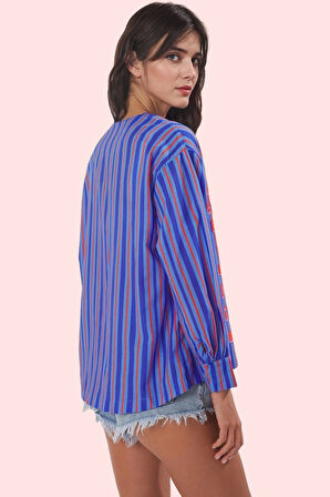 Kadın Yazlık Plaj Gömleği Animal Desenli Pamuk V Yaka Uzun Kollu Rahat Kalıp Günlük Kullanım