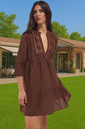 Pamuklu Dantelli V Yaka Mini Yazlık Plaj Elbisesi Kadın Zarifane Tasarım Modern Stil Yüksek Kalite