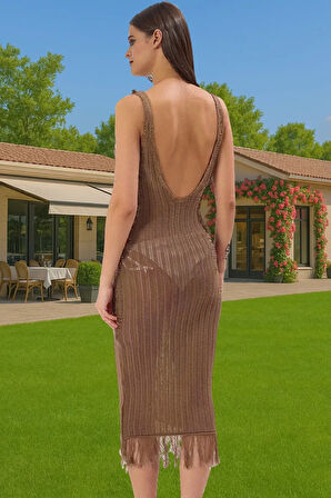 Vücuda Oturan Örme Maxi Elbise Püskül Detayı Rahat Yazlık Model Özenle Seçilmiş Modern Stil