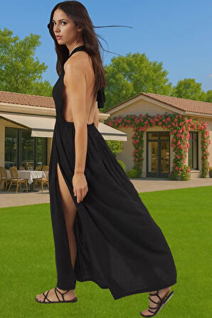 Yazlık Plaj Elbisesi Crinkle Viskoz Maxi Boy Skater Kalıp V Yaka Rahat Ve Şık Rahat Kullanım