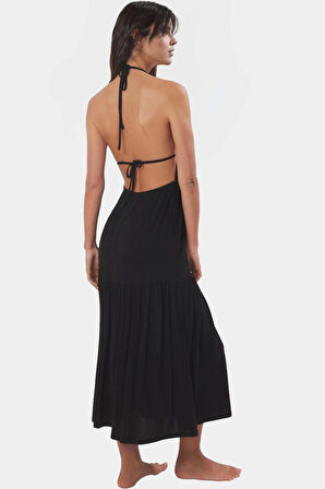 Rahat Viskoz Maxi Elbise Örme Kumaş Bisiklet Yaka Cut Out Detaylı Plaj Şıklığı Modern Stil