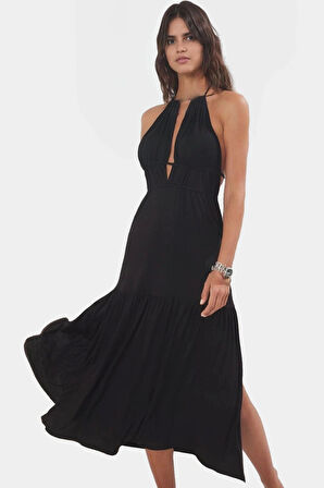 Rahat Viskoz Maxi Elbise Örme Kumaş Bisiklet Yaka Cut Out Detaylı Plaj Şıklığı Modern Stil